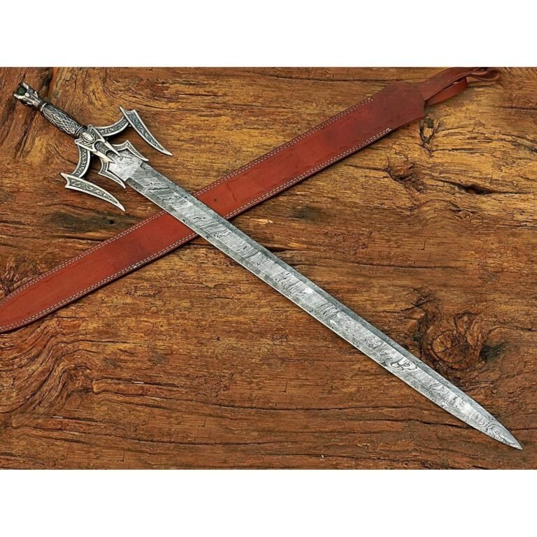 Damascus Steel Medieval Barbarian Sword, Hand Forged Damascus Steel Double Edge Blade with Leather Sheath