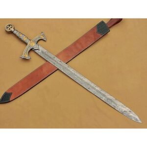 Handmade Medieval Templar Knigths Sword/Scared Holy Damascus Longsword Sword with Leather Sheath