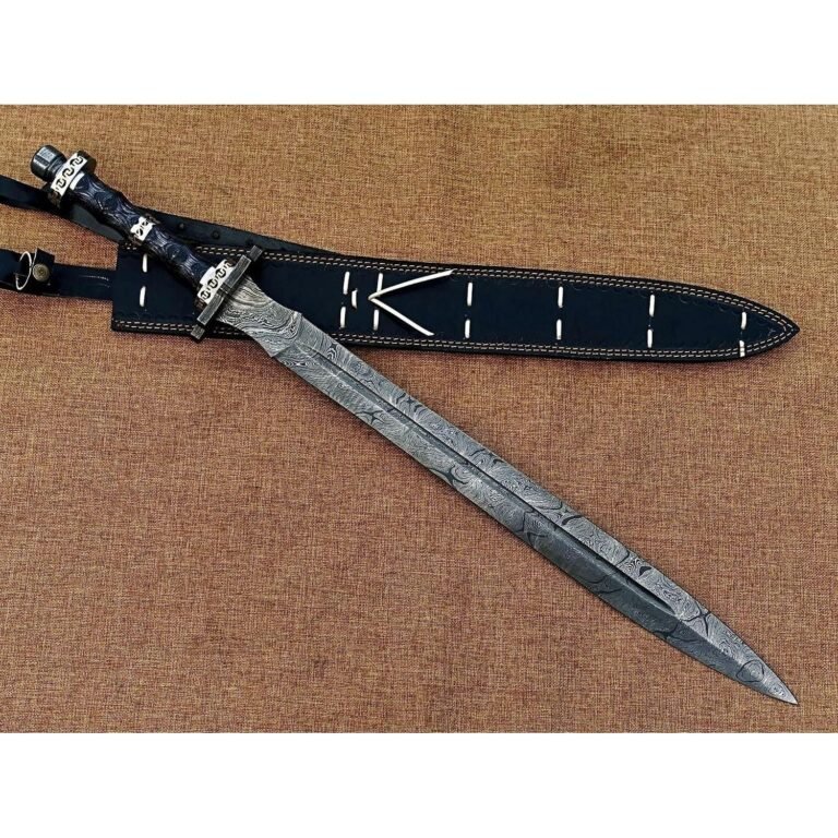 Hand Forged Damascus Steel Viking Sword, Handmade Medieval Sword with Leather Sheath