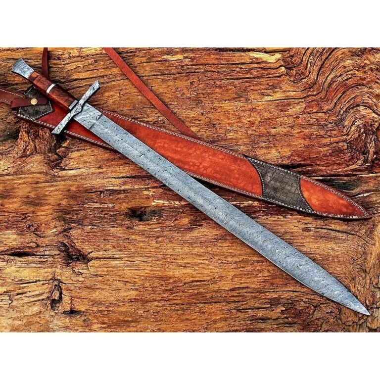 Handmade Viking Sword, Damascus Steel Medieval Sword with Leather Sheath,29" Inches Double Edge Blade