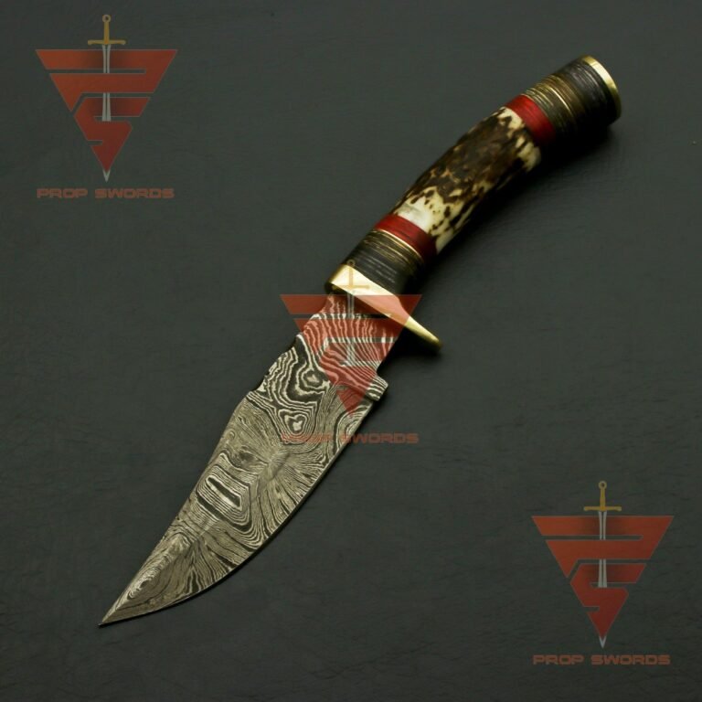 Exquisite Handcrafted Damascus Steel Hunting Knife with Rat-Tail Stag Horn Bolster Handle, and Leather Sheath: A Timeless Gift For Him