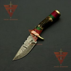 Exquisite Handcrafted Damascus Steel Stag Horn Knife with Custom Enchanting Bolster Handle and Personalized Leather Sheath: Perfect Gift for Dad, Ideal for Hunting