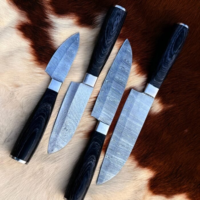 4pcs Hand Forged Damascus Steel Rat-Tail Chef’s Kitchen Knife with Leather Roll Bag