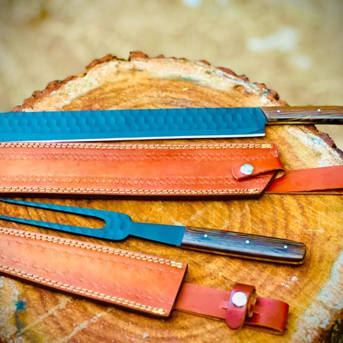 High Carbon Steel Full Tang Chef’s Kitchen Knife Fillet Knife & Carving Knife with Fork Included Leather Sheath