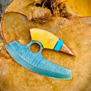 Hand Forged Damascus Steel Pizza Cutter with Leather Sheath