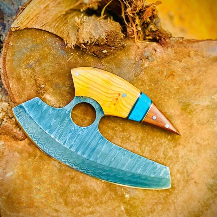 Hand Forged Damascus Steel Pizza Cutter with Leather Sheath