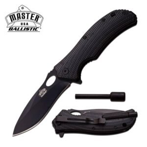 Ballistic Tactical Black Rescue Spring Assist Knife With Fire Starter
