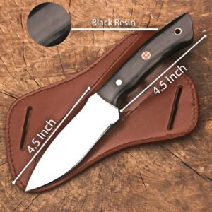 9" Handmade Stainless Steel Full Tang Skinner Bushcraft Hunting Knife with Black Resin Handle, Leather Sheath, Outdoor Survival Camping