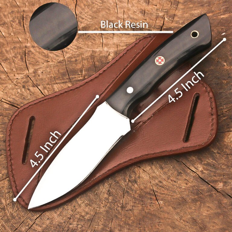 9" Handmade Stainless Steel Full Tang Skinner Bushcraft Hunting Knife with Black Resin Handle, Leather Sheath, Outdoor Survival Camping