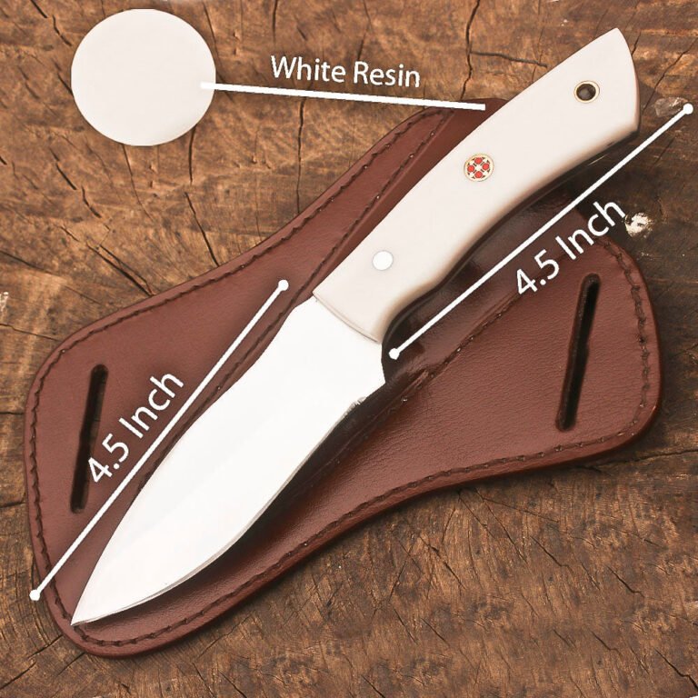 9 Inch Fixed Blade Hunting Knife, Stainless Steel Full Tang Skinner Bushcraft Knife with White Resin Handle, Leather Sheath, Outdoor Survival Camping