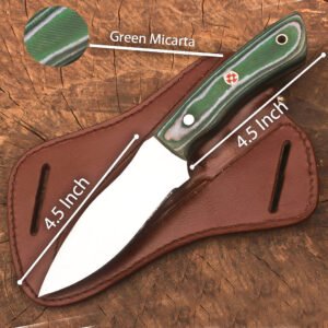 9 Inch Fixed Blade Hunting Knife with Green Micarta Handle, Stainless Steel Full Tang Skinner Bushcraft Knife, Leather Sheath, Outdoor Survival Camping