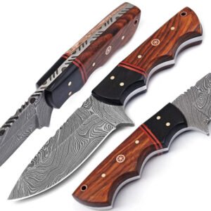 8" Handmade Damascus Steel Full Tang Hunting Knife Rose Wood & Micarta Handle With Leather Sheath For Hunting, Outdoor, Camping, Fishing