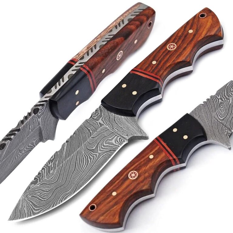 8" Handmade Damascus Steel Full Tang Hunting Knife Rose Wood & Micarta Handle With Leather Sheath For Hunting, Outdoor, Camping, Fishing
