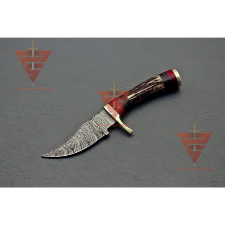 6 inches Handmade Stag Horn Hunting Knife - Crafted with Premium Damascus Steel and Complete with a Leather Sheath