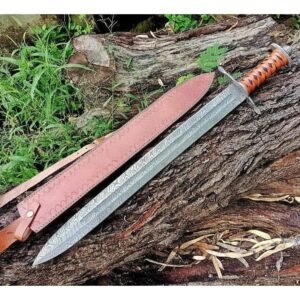 CUSTOM HANDMADE DAMASCUS STEEL BATTLE SWORD & LEATHER SHEATH