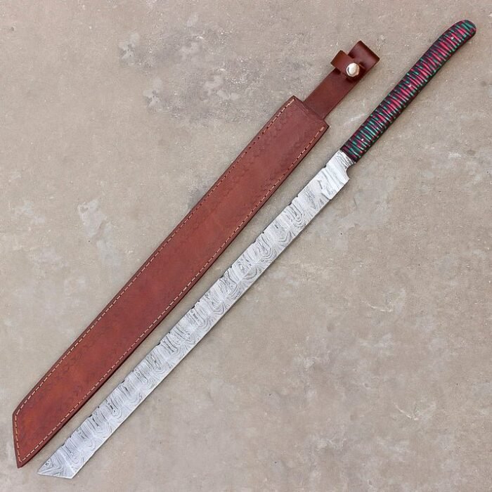 Handmade Damascus Steel Hunting Machete | Camping & Hunting | Leather Sheath