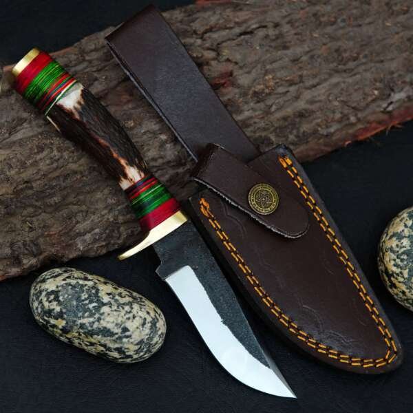 Handmade Carbon Steel Hunting Knife: Stag Horn Handle, Leather Sheath