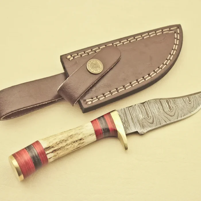 Hand Forged Damascus Steel Hunting Knife-Knife Stag Horn Handle-Leather Sheath