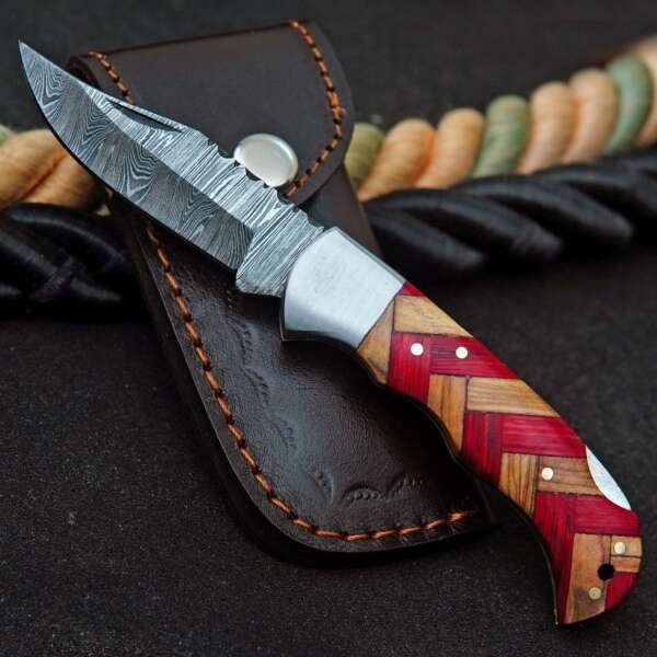 Damascus Steel Folding Pocket Knife, Pakka Wood Handle, Leather Sheath (6.5" Overall)