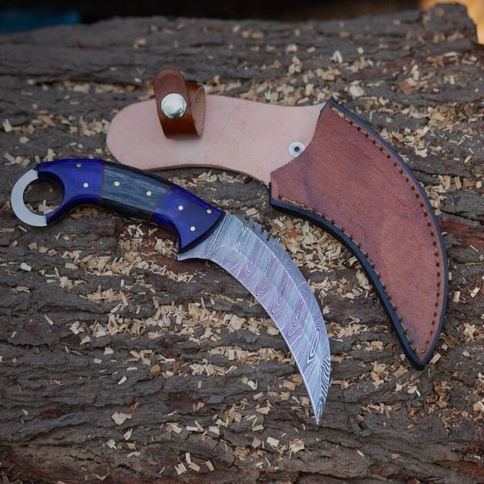 Handmade Damascus Steel Karambit Knife: Laminated Blue Wood Handle, Leather Sheath