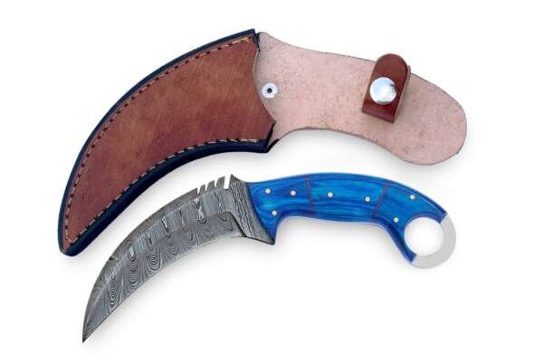 Handmade Damascus Steel Karambit Knife: Laminated Blue Wood Handle, Leather Sheath