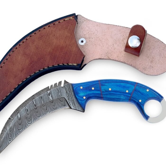 Handmade Damascus Steel Karambit Knife: Laminated Blue Wood Handle, Leather Sheath