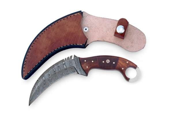 Handmade Damascus Karambit Knife: Rose Wood Handle, Camping Hunting Knife | leather Sheath