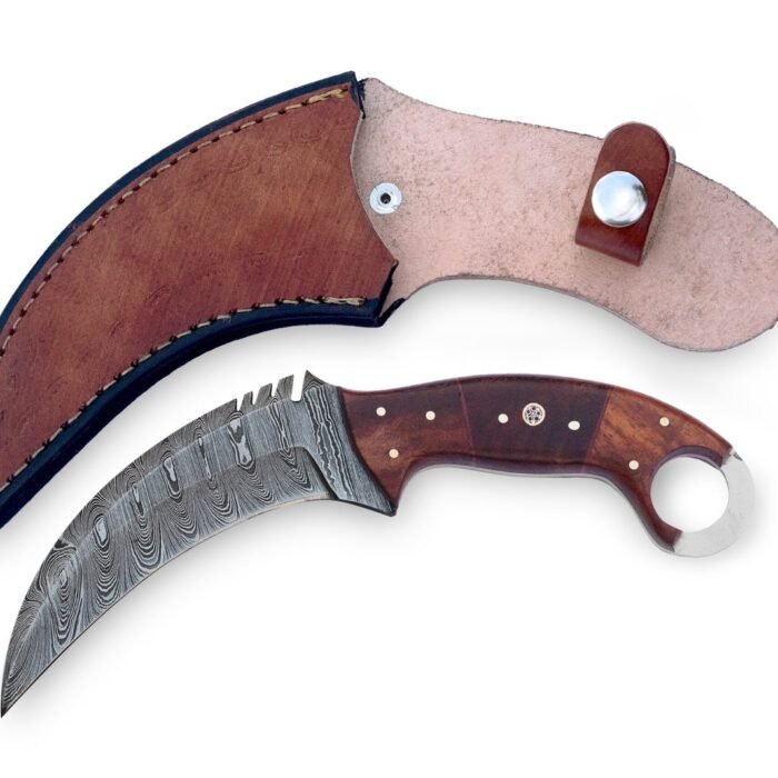 Handmade Damascus Karambit Knife: Rose Wood Handle, Camping Hunting Knife | leather Sheath