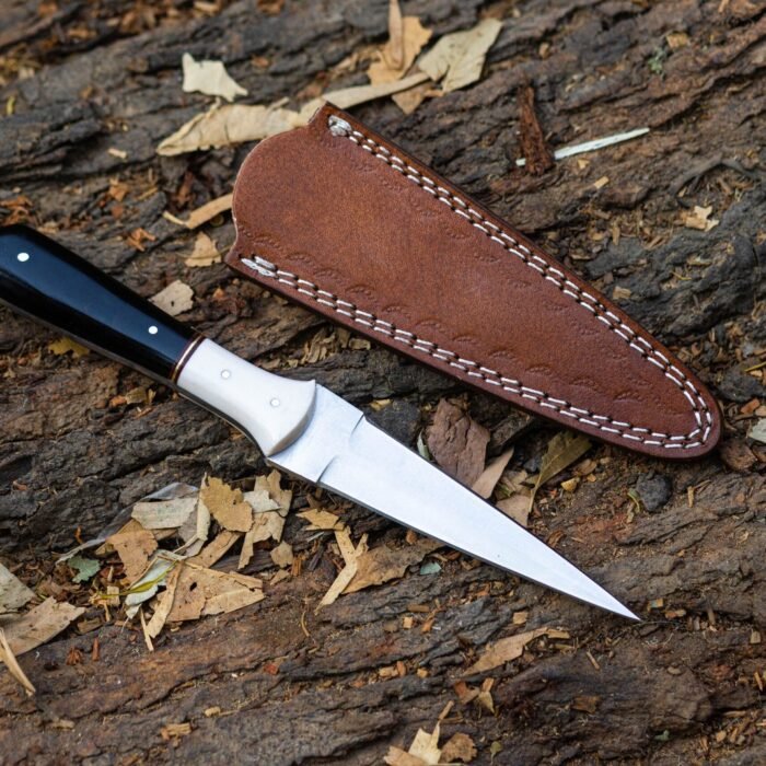 Hand Forged Stainless Steel Hunting Dagger: Bull Horn Handle, Leather Sheath